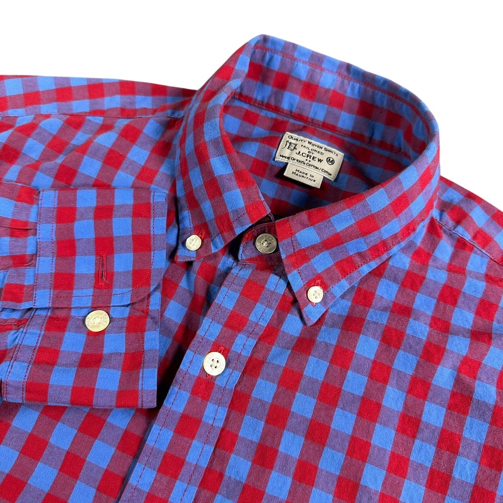J. Crew Mens Medium Gingham‎ Check Button Down Shirt Red Blue Long Sleeve Cotton